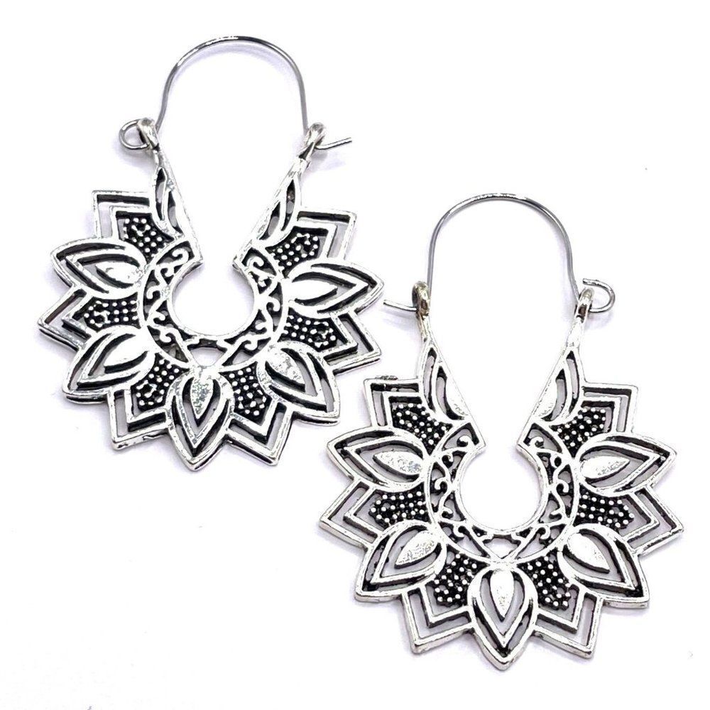 Silver Boho Detailed Mandala Floral Leaf Dangling Drop Hinged Hook Earrings